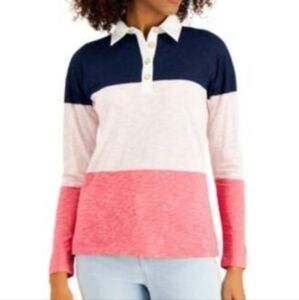Style & Co, Striped Rugby Shirt,Blue/Salmon/Pink/White,Small,NWT